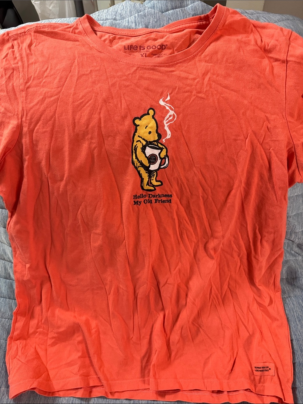 Life Is Good Orange Graphic Tee with Winnie-the-Pooh Coffee Illustration